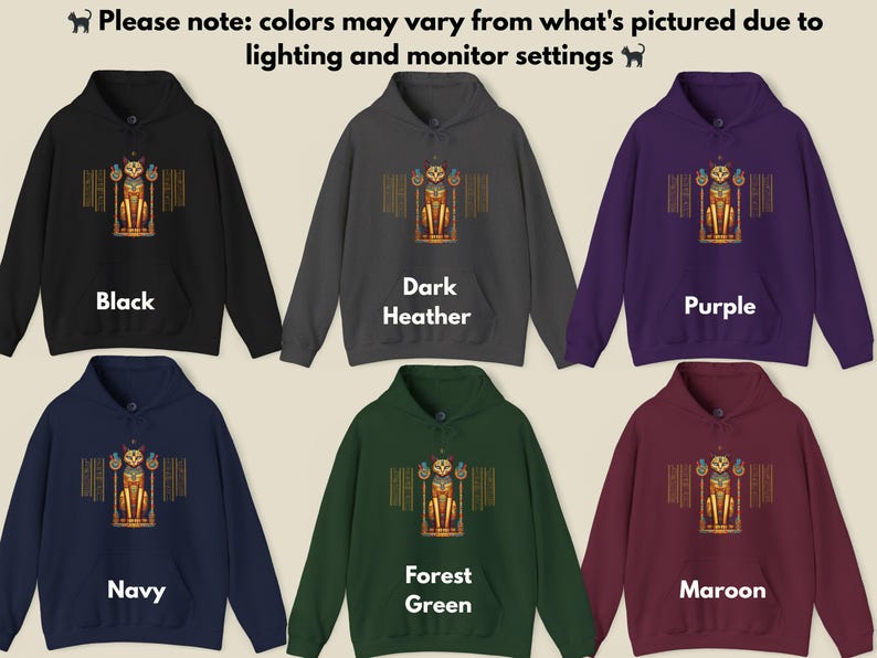 Ägyptische Katze Hoodie, altes Ägypten Sweatshirt, Gildan 18500, Katzenliebhaber Geschenk, spirituelle Kleidung, New Age Mode, Hieroglyphen, Ägyptologe Bild 6