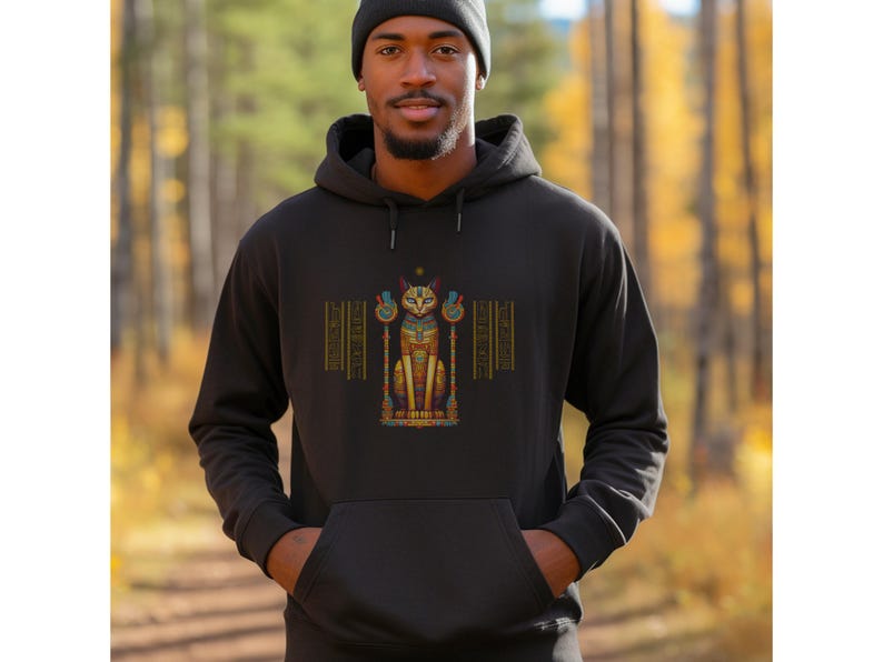 Ägyptische Katze Hoodie, altes Ägypten Sweatshirt, Gildan 18500, Katzenliebhaber Geschenk, spirituelle Kleidung, New Age Mode, Hieroglyphen, Ägyptologe Bild 7