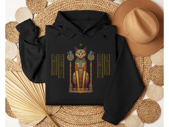 Egyptian Cat Hoodie, Ancient Egypt Sweatshirt, Gildan 18500, Cat Lover Gift, Spiritual Wear, New Age Fashion, Hieroglyphics, Egyptologist