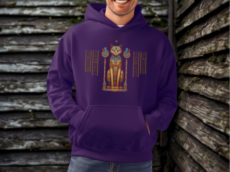 Ägyptische Katze Hoodie, altes Ägypten Sweatshirt, Gildan 18500, Katzenliebhaber Geschenk, spirituelle Kleidung, New Age Mode, Hieroglyphen, Ägyptologe Bild 12