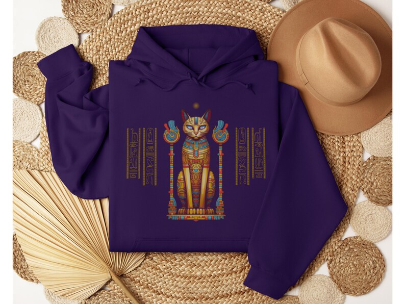 Ägyptische Katze Hoodie, altes Ägypten Sweatshirt, Gildan 18500, Katzenliebhaber Geschenk, spirituelle Kleidung, New Age Mode, Hieroglyphen, Ägyptologe Bild 3