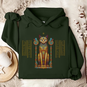 Ägyptische Katze Hoodie, altes Ägypten Sweatshirt, Gildan 18500, Katzenliebhaber Geschenk, spirituelle Kleidung, New Age Mode, Hieroglyphen, Ägyptologe Bild 5