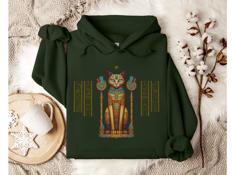 Ägyptische Katze Hoodie, altes Ägypten Sweatshirt, Gildan 18500, Katzenliebhaber Geschenk, spirituelle Kleidung, New Age Mode, Hieroglyphen, Ägyptologe Bild 5