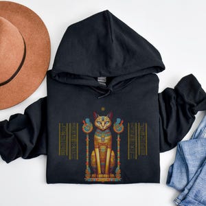 Ägyptische Katze Hoodie, altes Ägypten Sweatshirt, Gildan 18500, Katzenliebhaber Geschenk, spirituelle Kleidung, New Age Mode, Hieroglyphen, Ägyptologe Bild 13