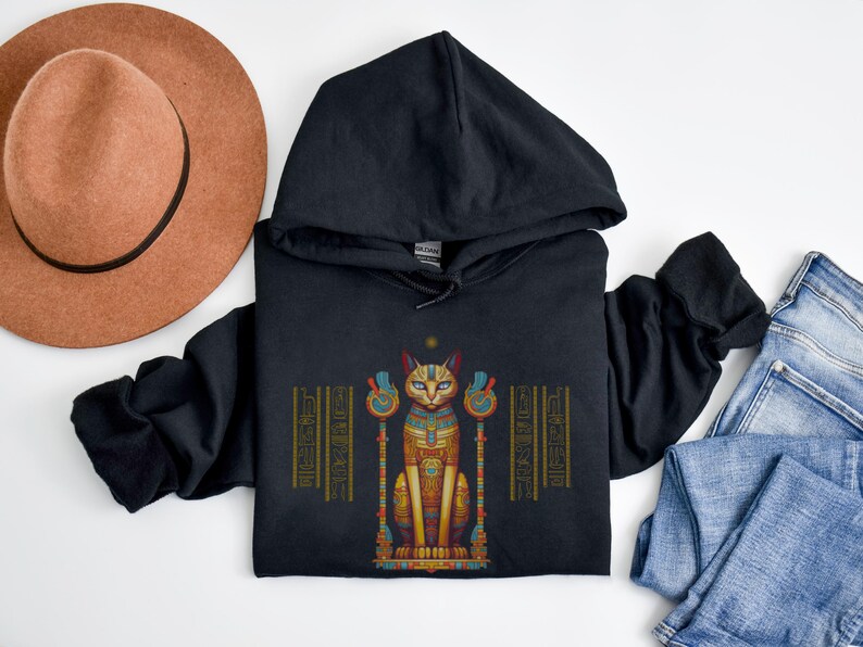 Ägyptische Katze Hoodie, altes Ägypten Sweatshirt, Gildan 18500, Katzenliebhaber Geschenk, spirituelle Kleidung, New Age Mode, Hieroglyphen, Ägyptologe Bild 13