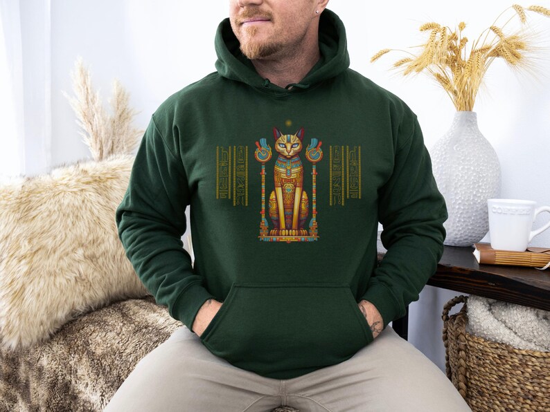 Ägyptische Katze Hoodie, altes Ägypten Sweatshirt, Gildan 18500, Katzenliebhaber Geschenk, spirituelle Kleidung, New Age Mode, Hieroglyphen, Ägyptologe Bild 8