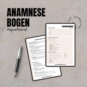 May include: Two digital tablets displaying forms, with the text "ANAMNESE BOGEN Aquafacial" at the top. A silver and black pen rests on the surface. The forms are for medical history and are likely used in a skincare or aesthetic treatment setting.