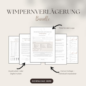 Könnte beinhalten: Ein Bündel druckbarer Dokumente für Wimpernverlängerungsdienste. Die Dokumente umfassen Formulare und Checklisten mit deutschem Text. Die Worte "WIMPERNVERLÄGERUNG Bundle" stehen oben. Das Bild enthält auch den Text "DOWNLOAD HERE".