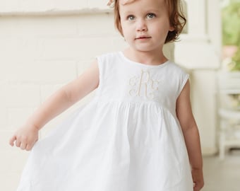 Girls White Linen Hemstitched Monogrammed Dress