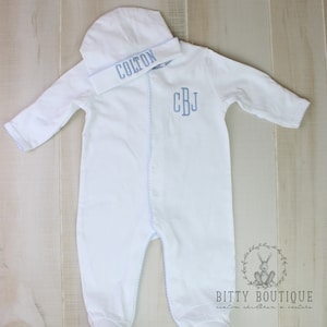 Organic Cotton Picot Trim Monogrammed Sleeper and Hat Set