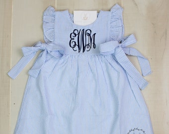 Side Tie Blue Seersucker Monogrammed Dress