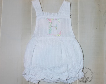 Ruffled Seersucker Monogrammed Girls Sunsuit with Bow Back and Floral Initial
