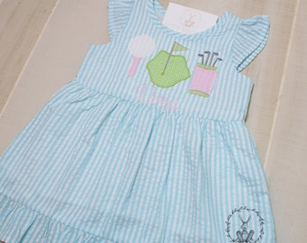 Girls Golf Trio Aqua Seersucker Dress