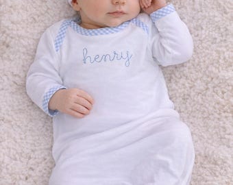 Blue Gingham Trim Monogrammed Baby Gown