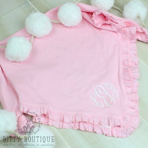 Pink Monogrammed Ruffled Cotton Baby Blanket