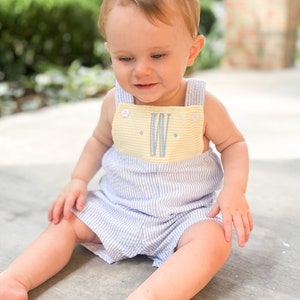 Blue and Yellow Seersucker Monogrammed Color Block Jon Jon