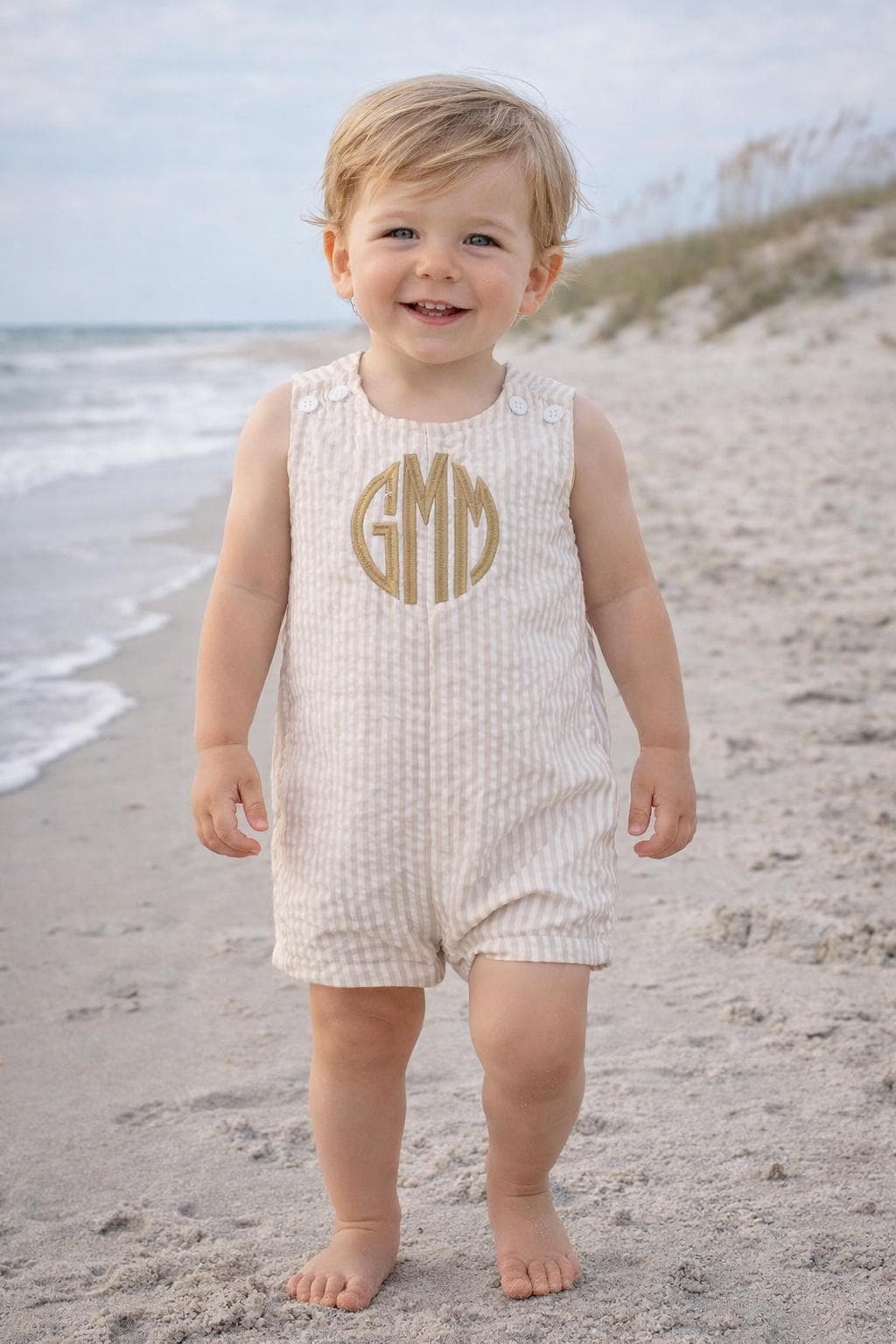 Khaki Seersucker Boys Monogrammed Jon Jon