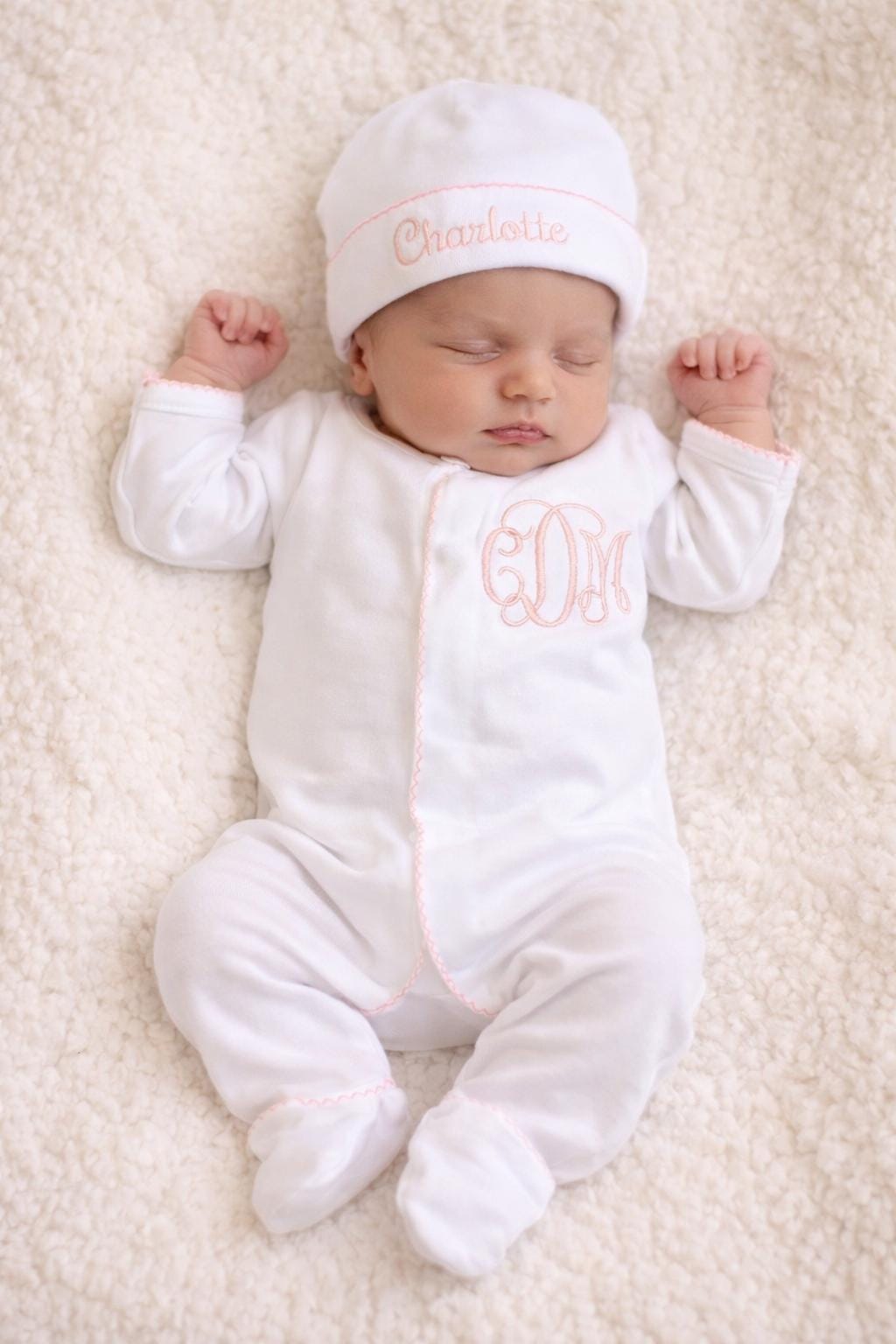 Organic Cotton Picot Trim Monogrammed Sleeper and Hat Set