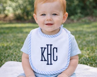 Monogrammed Blue Seersucker Trim Bib