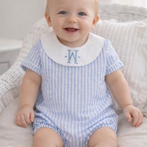 Blue Seersucker Bishop Monogrammed Bubble