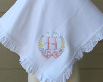 White Monogrammed Ruffled Cotton Baby Blanket with Floral Wreath