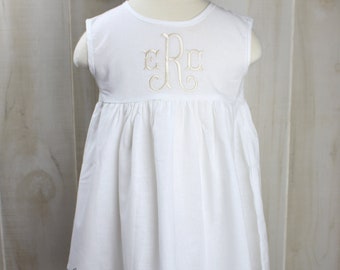 Girls White Linen Hemstitched Monogrammed Dress