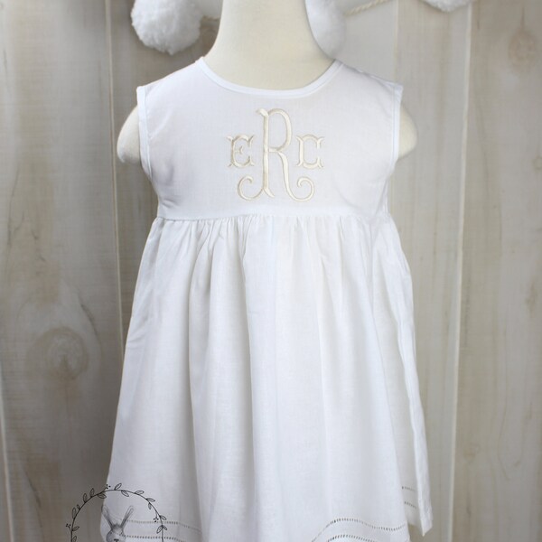 Girls White Linen Hemstitched Monogrammed Dress