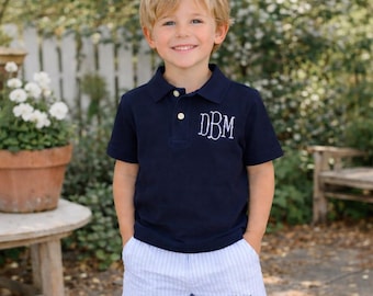 Personalized Boys Polo Outfit | Monogram Navy Polo & Seersucker Shorts | Custom Boys Summer Outfit | Preppy Toddler Boy Clothing