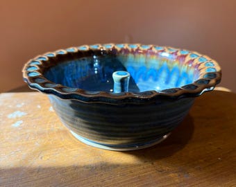 Studio Pottery Apple Baker Bowl Blue Brown Reactive Glaze Scalloped Stoneware