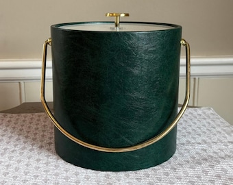 Vintage Kraftware Green Faux Leather Ice Bucket Gold Handle Mid Century Modern