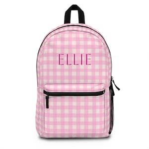 Personalized Pink Gingham Backpack, Cute School Bag, Custom Name Backpack, Trendy Student Backpack, Stylish Travel Bag, Kids Gift