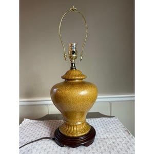 Vintage Ceramic Table Lamp Mustard Yellow Ochre Speckled Glaze Wood Base Urn 19"