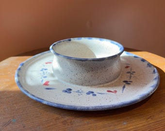 Vintage Studio Pottery Chip and Dip Server Signed Stoneware Heart Floral Blue