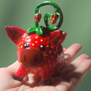 Strawbella Strawberry Pig – Handmade Clay Figurine, Whimsical Animal Sculpture, One of a Kind Art Toy