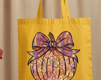Glittery Pumpkin Tote Bag, Stylish Autumn Bag with Sparkly Pumpkin & Bow,Chic Tote Bag for Thanksgiving or Pumpkin Season, Thanksgiving Gift