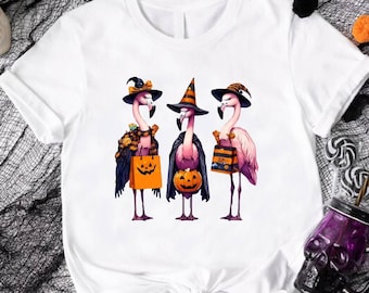 Halloween Flamingo Shirt, Flamingos in Costumes Holding Treats, Fall Graphic Tee, Spooky Flamingo Shirt, Trick or Treat Tee, Witch Flamingos