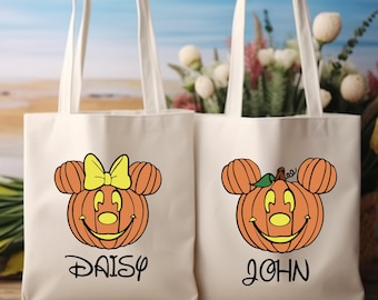 Personalized Pumpkin Head Halloween Tote Bag, Custom Trick or Treat Bag with Cute Pumpkin Ears Design, Mouse Head Candy Bag Gift for Kids