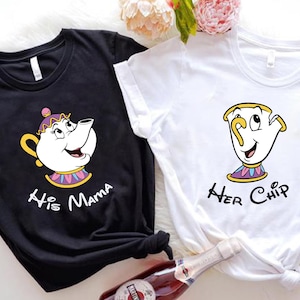 May include: Black and white t-shirts with cartoon graphics. One shirt features a teapot with the text "His Mama", and the other features a teacup with the text "Her Chip".