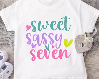 7th Birthday Shirt Girl, Sweet Sassy Seven Birthday Tshirt, Birthday Gift for Kids, Cute Seven Years Old Shirt, 7th Bday Youth Girl Outfit