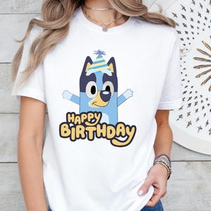 Bluey Happy Birthday T-Shirt, Toddler Birthday, Cute Bluey Shirt, Funny Cartoon Tee, Blue Dog Birthday, Kids Bluey Shirt, Bluey and Friends