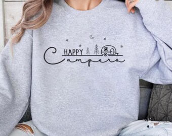 Happy Campers Sweatshirt, Minimal Caravan Camping Sweater, Cute Outdoor Adventure Crewneck,Cozy Fall Travel Top, Aesthetic Nature Lover Gift