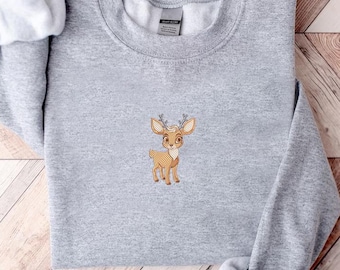 Embroidered Baby Deer Sweatshirt, Minimalist Woodland Fawn Design Sweater for Winter, Embroidered Deer Crewneck Gift, Christmas Gift Idea