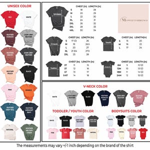 May include: A chart showing different t-shirt colors and sizes for unisex, v-neck, toddler, youth, and bodysuit styles. The chart includes chest and length measurements in inches. The text "MySweetShirtsCo" is in the top right corner.