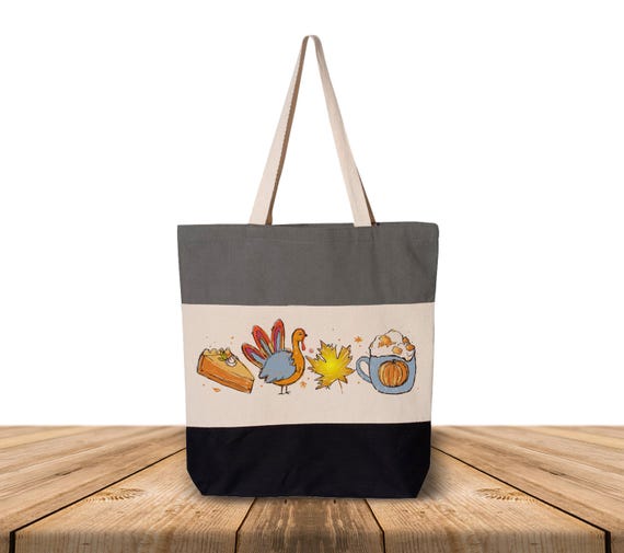 Thanksgiving Tote Bag, Cute Pumpkin Pie Turkey Tote Bag, Thanksgiving Icons Bag, Autumn Gift, Harvest Festival Tote, Fall Holiday Gift Bag