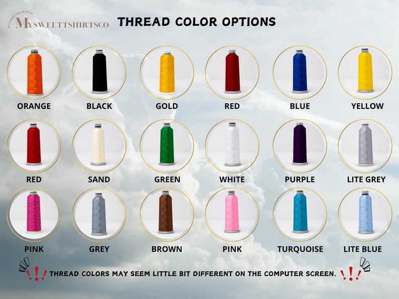 May include: A chart showing thread color options for embroidery. The colors include orange, black, gold, red, blue, yellow, sand, green, white, purple, light grey, pink, grey, brown, turquoise, and light blue.