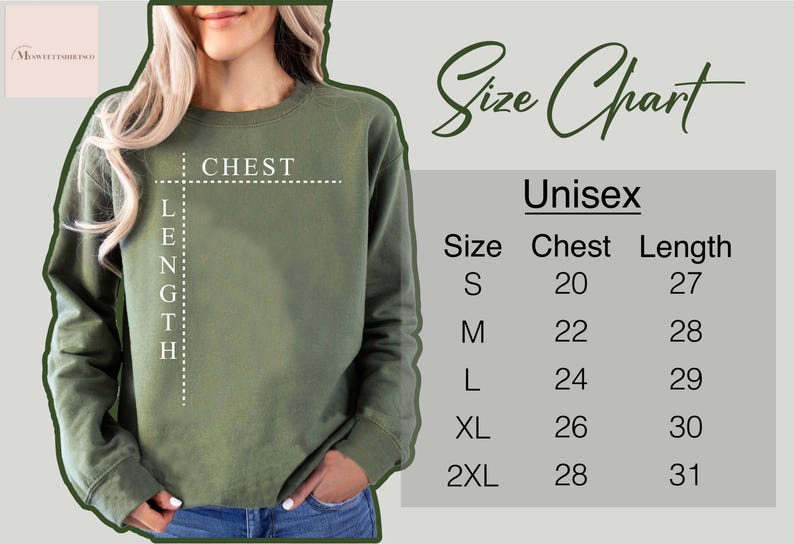 May include: Unisex size chart for a sweatshirt. The chart shows chest and length measurements in inches for sizes S, M, L, XL, and 2XL.