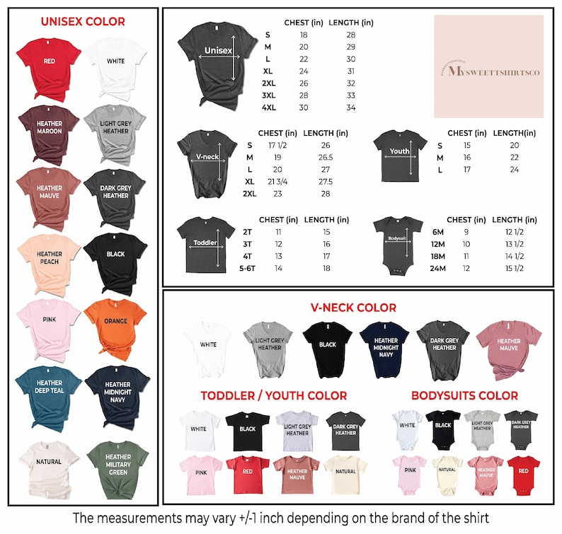 Op de afbeelding: Een grafiek met verschillende t-shirtkleuren en -maten voor unisex, v-hals, peuter, jeugd en bodysuit-stijlen. De grafiek bevat borst- en lengtemaat in inches. De tekst "MySweetShirtsCo" staat in de rechterbovenhoek.