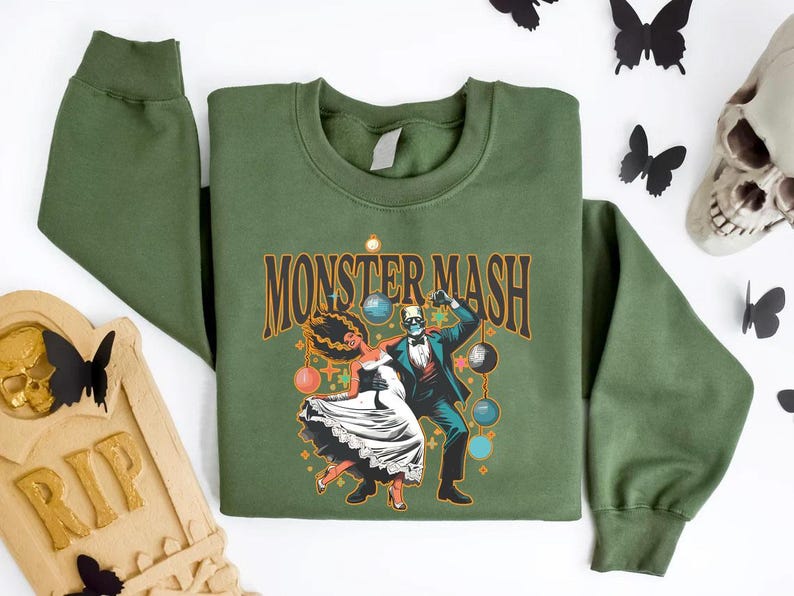 a green shirt with a skeleton and a skeleton on it
