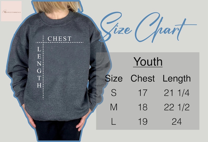 May include: Size chart for youth sweatshirts. The chart shows chest and length measurements in inches for sizes S, M, and L.