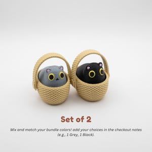 May include: A set of two small figurines, one grey and one black, each shaped like a cat with large yellow eyes and pink ears, sitting inside a beige woven basket. The text below reads: Set of 2. Mix and match your bundle colors! add your choices in the checkout notes (e.g., 1 Grey, 1 Black).
